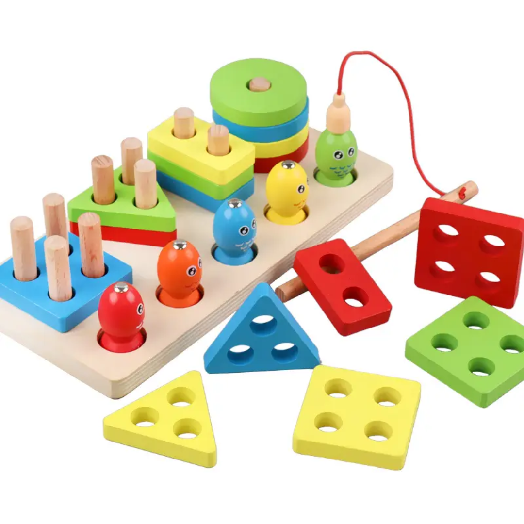 2-in-1 Wooden Magnetic Fishing & Shape Sorting Four-Post Board