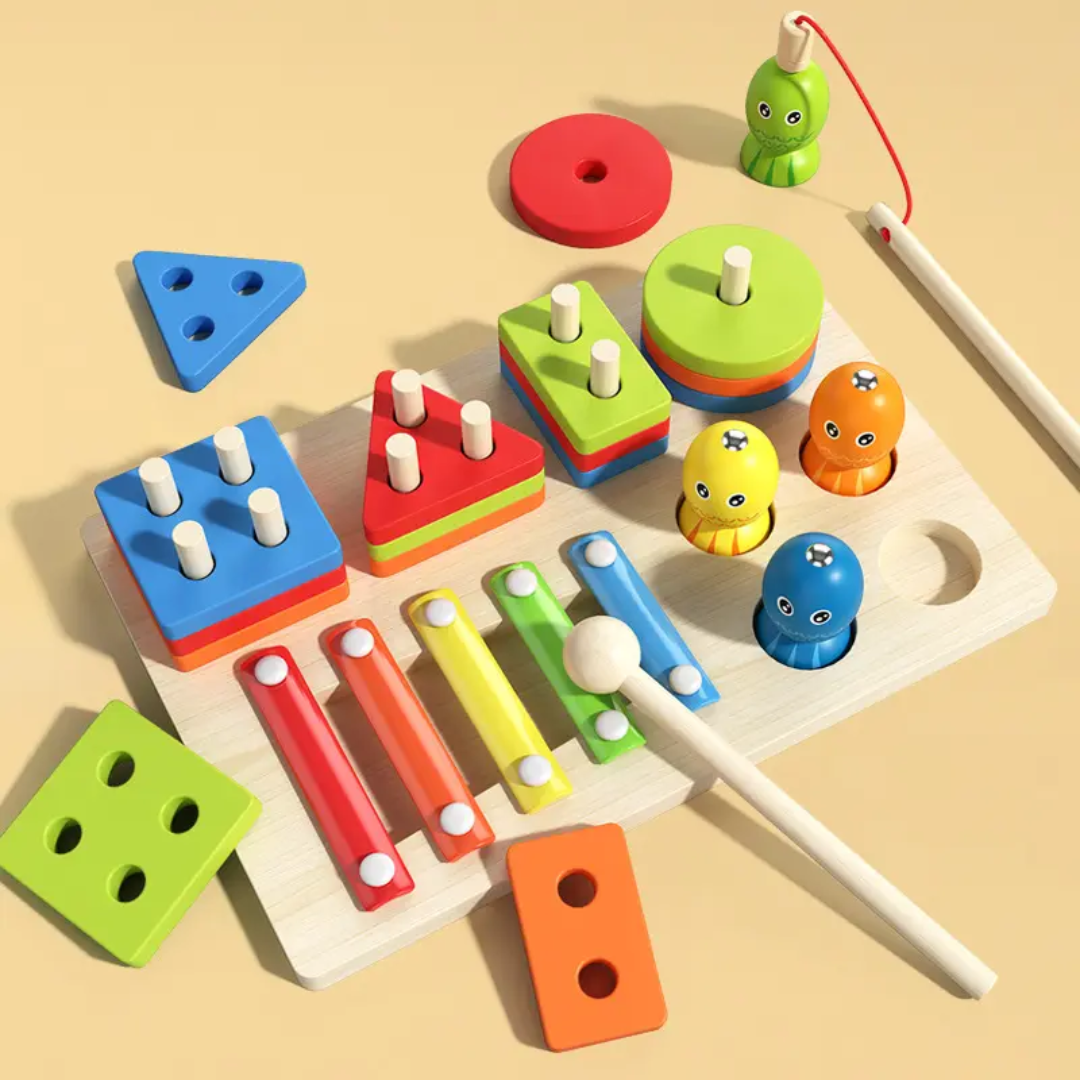 3-in-1 Wooden Educational Set (Fishing, Shape Sorter & Xylophone)