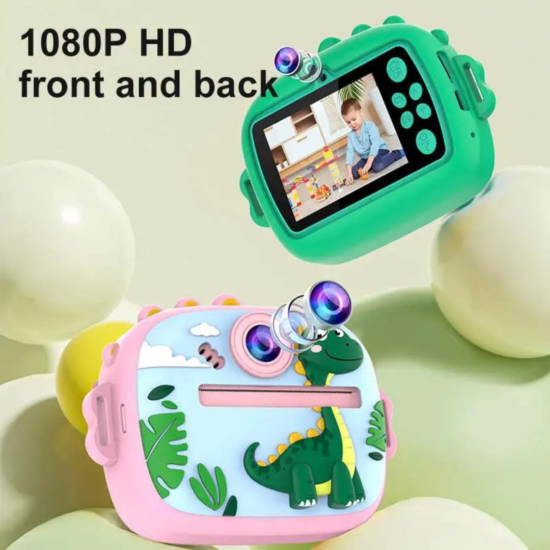 Kids Instant Print Camera with 1080P HD Dual Lens & Dinosaur Silicone Case
